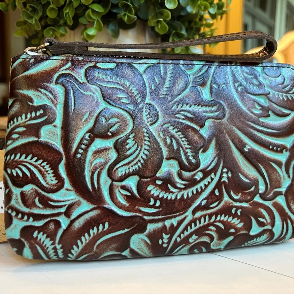 Patricia Nash tooled turquoise capri large wristlet NWT